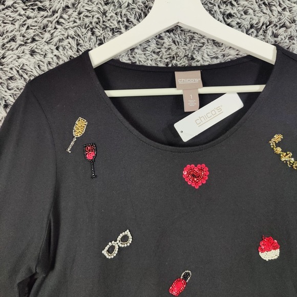 Chicos Beaded 3/4 Sleeve Top Black Womens 1 US Medium Love Hearts Lipstick NEW - Picture 4 of 10
